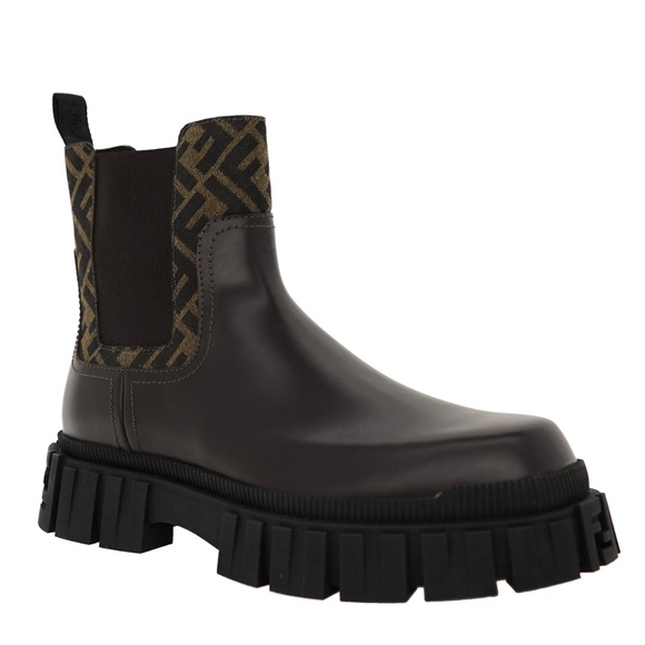 Fendi Force Ankle Chelsea Boots FF Panels Brown Leather Size 9 New